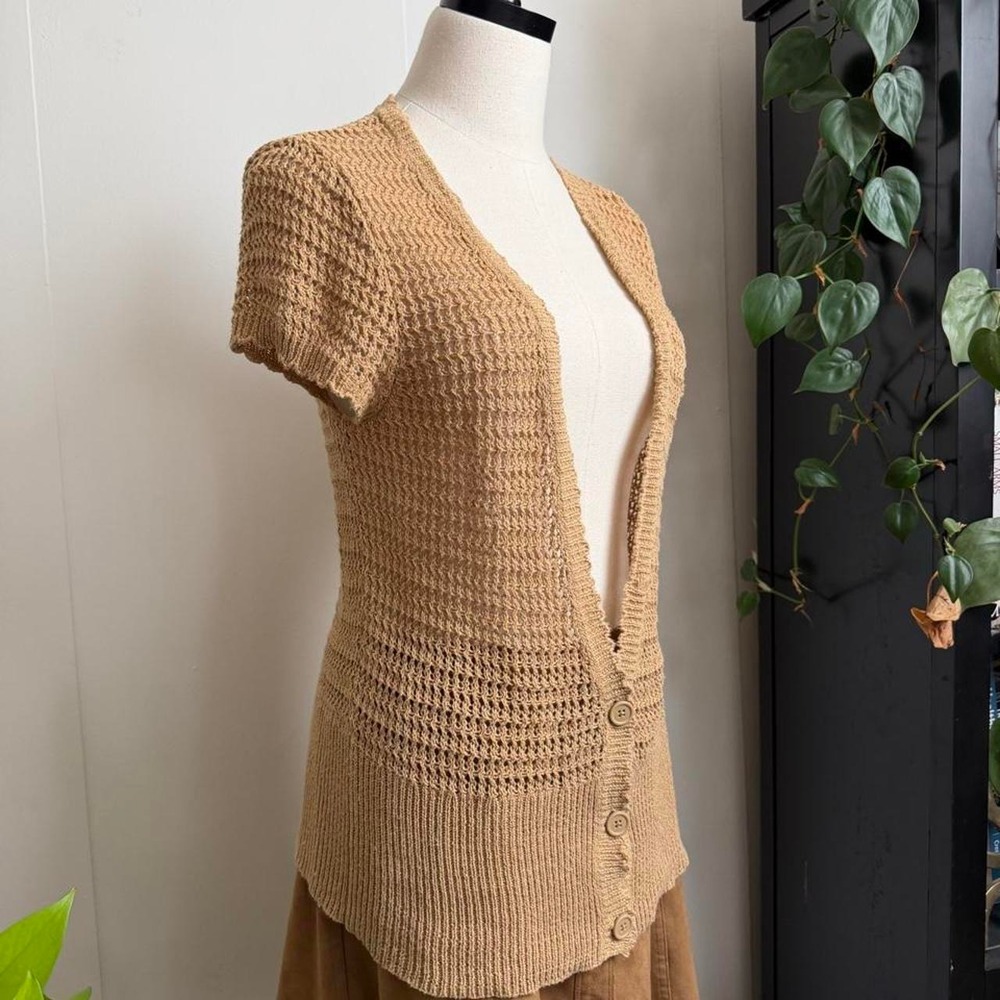 Faded Glory Womens Tan Gold Crochet Cardigan Tunic Y2K Boho Short Sleeve Medium